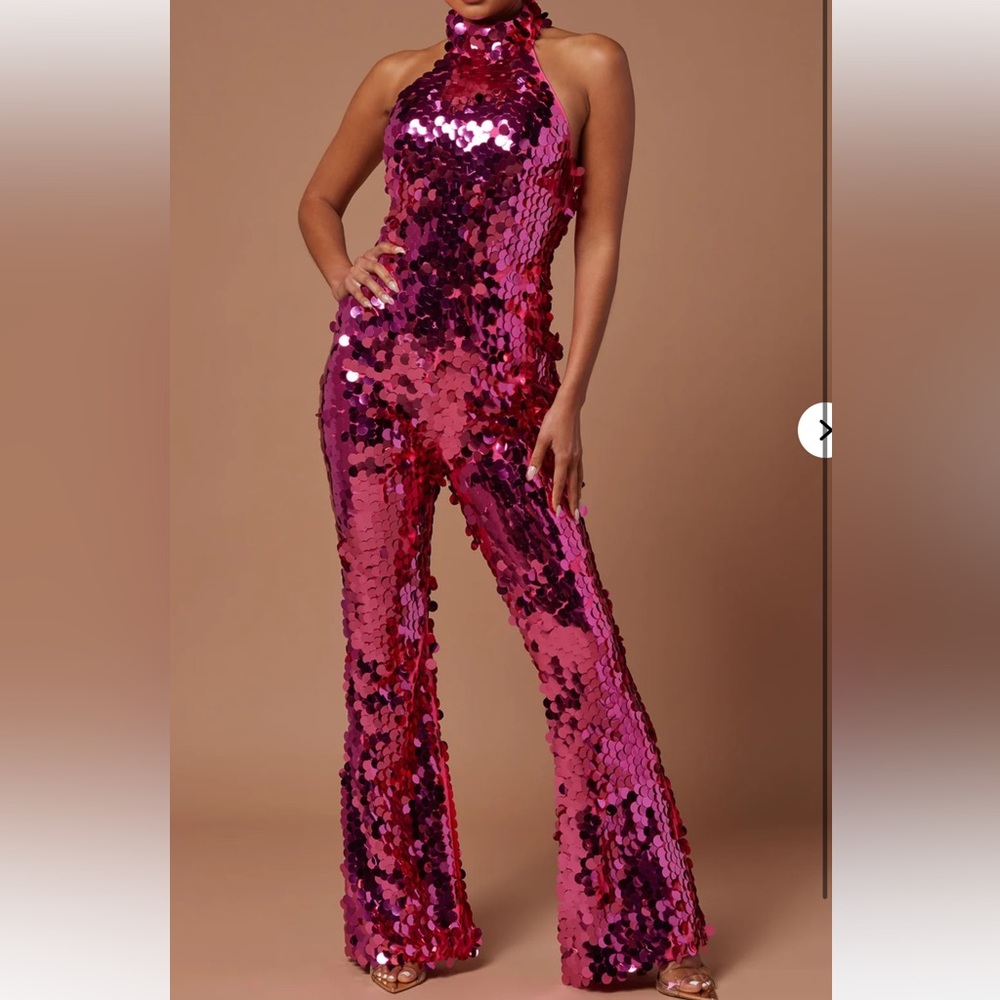 Fashion Nova Sparkling Sequin Jumpsuit in Fuchsia